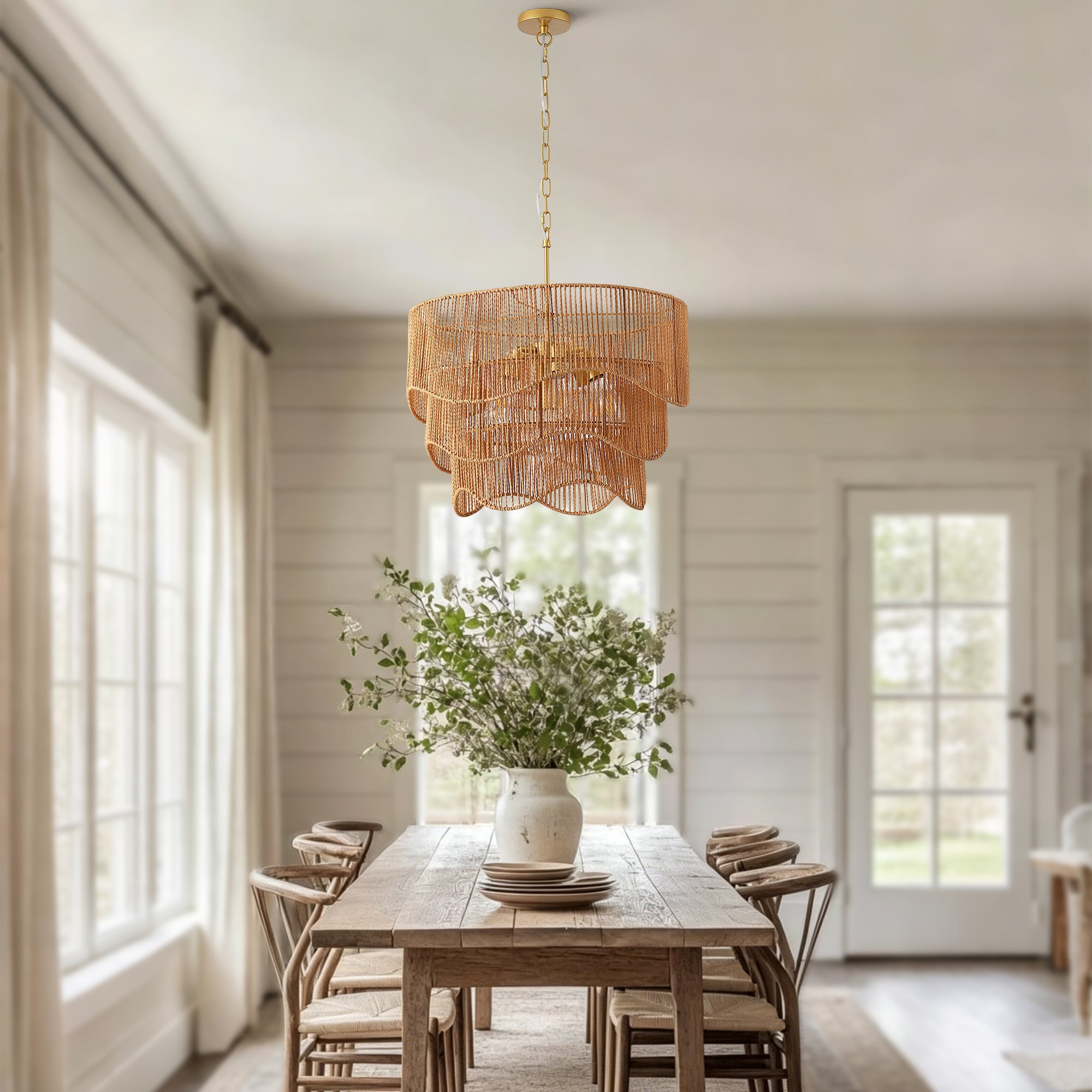 Handwoven Paper Rattan Boho Chandelier with Adjustable Height