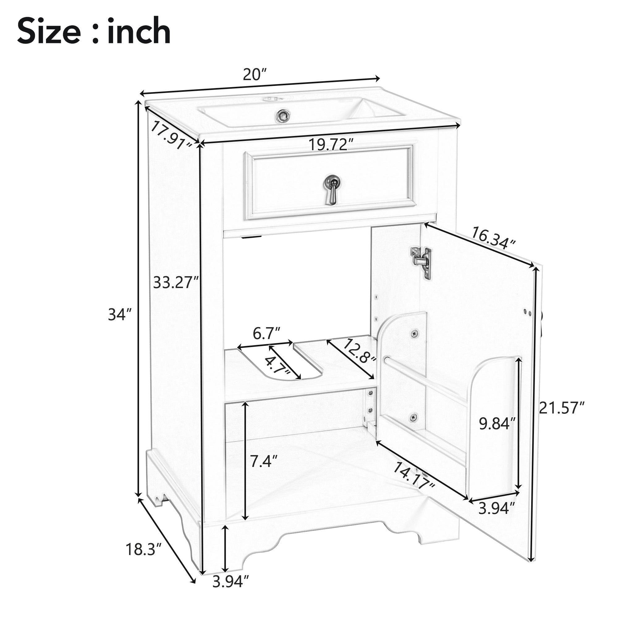 20-Inch Bathroom Vanity with Ceramic Sink, Soft Close Door & Storage Rack