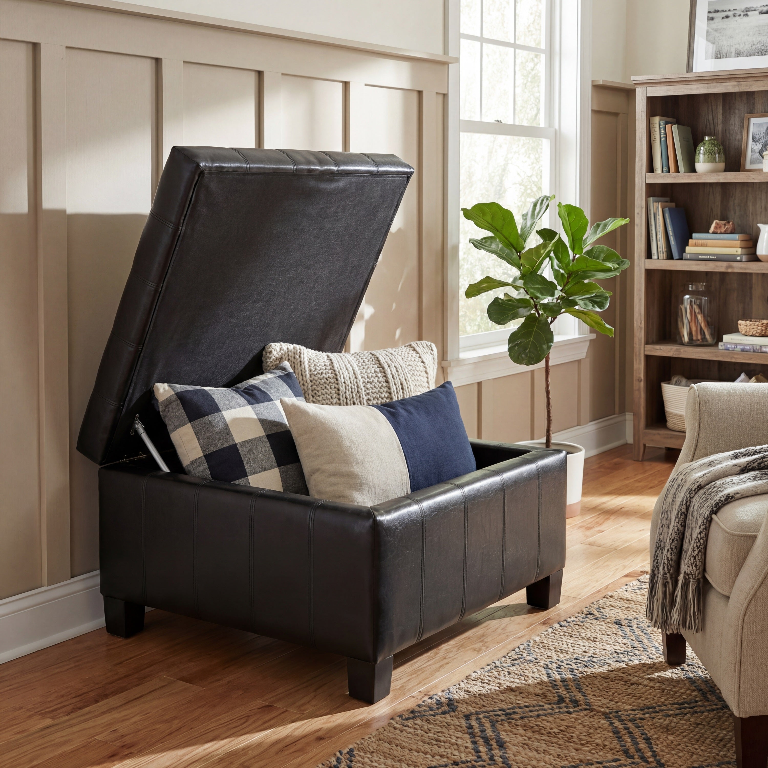 Black PU Storage Ottoman with Rubber Wood Legs