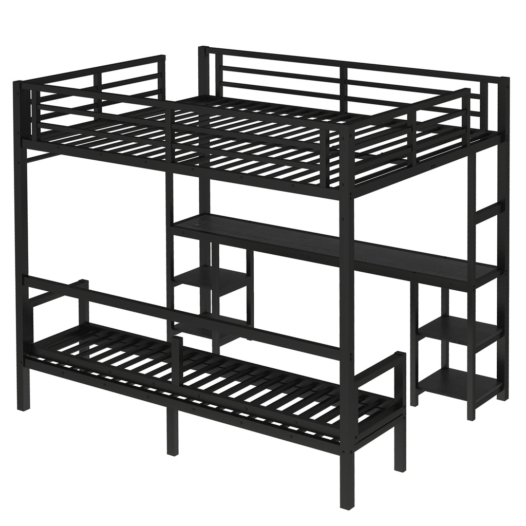 Queen Over Twin XL Metal Bunk Bed with Desk and Shelves