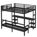 Queen Over Twin XL Metal Bunk Bed with Desk and Shelves