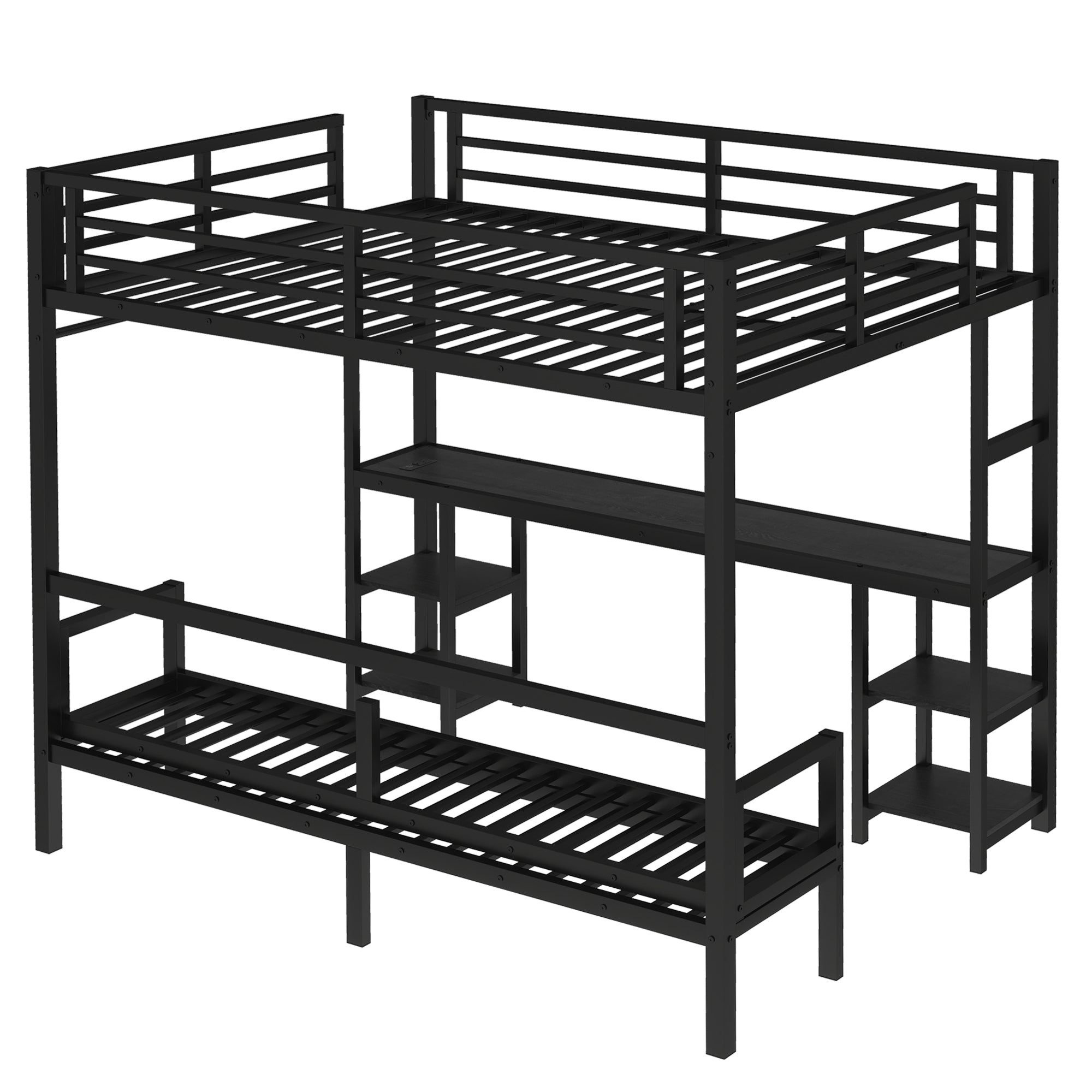 Queen Over Twin XL Metal Bunk Bed with Desk and Shelves