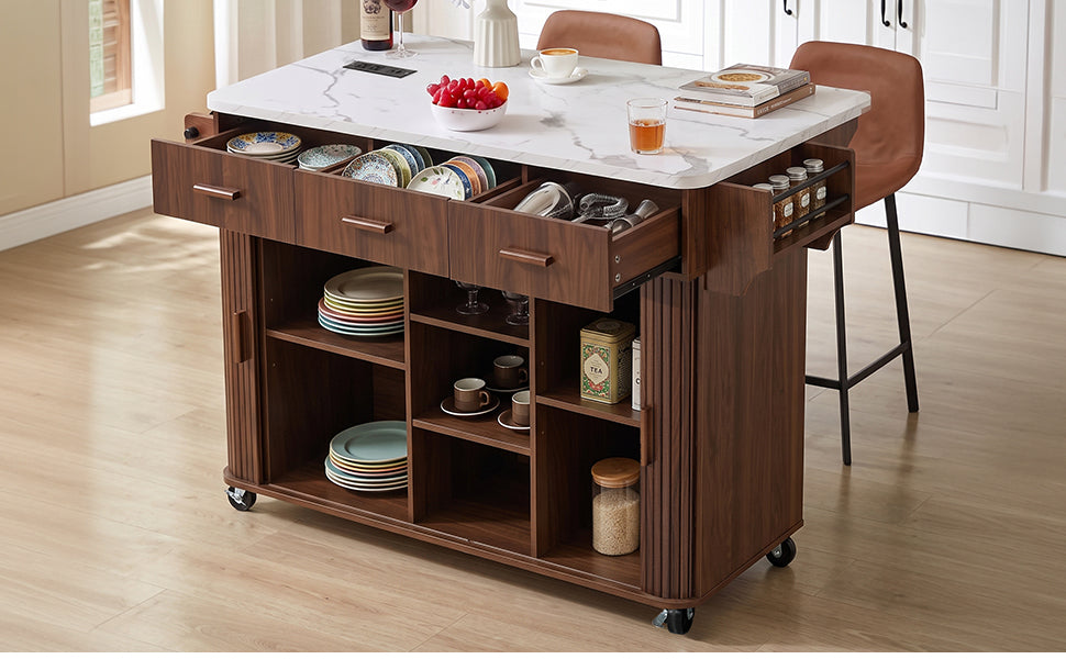 K&K 53.6" Kitchen Island with Drop Leaf, Rolling Cart on Wheels, Walnut Brown