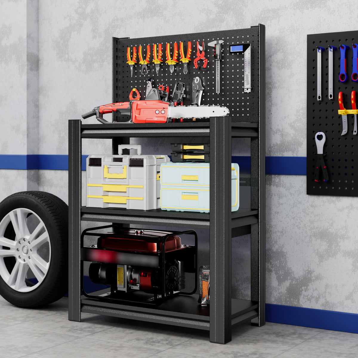 3-Tier Heavy-Duty Metal Storage Shelving Unit with Pegboard