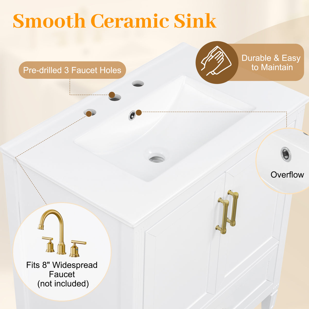 30" Elegant Fluted Bathroom Vanity with Ceramic Sink