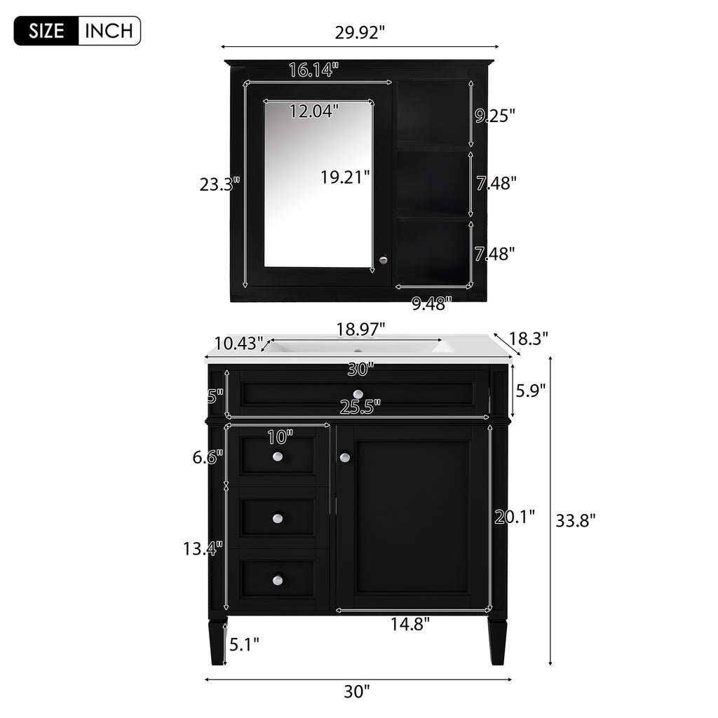 30" Bathroom Vanity with Top Sink, Modern Storage Cabinet