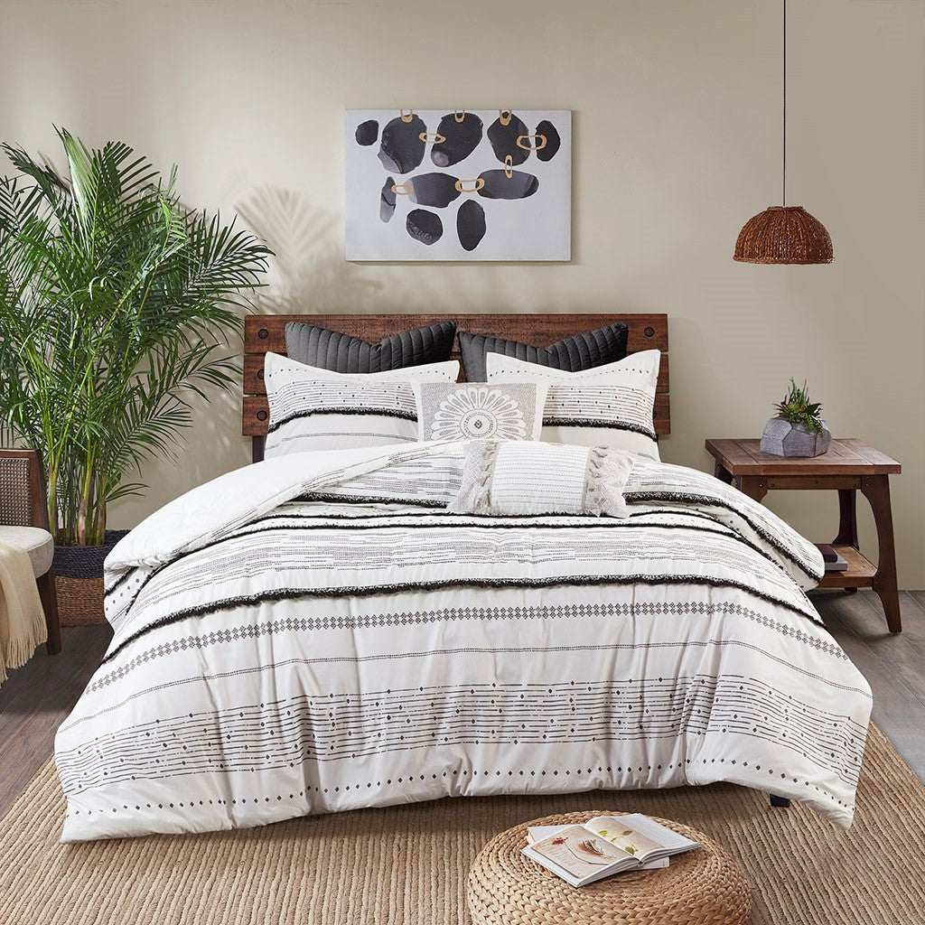 Cotton Printed Comforter Set with Trims - Black/White King/Cal King