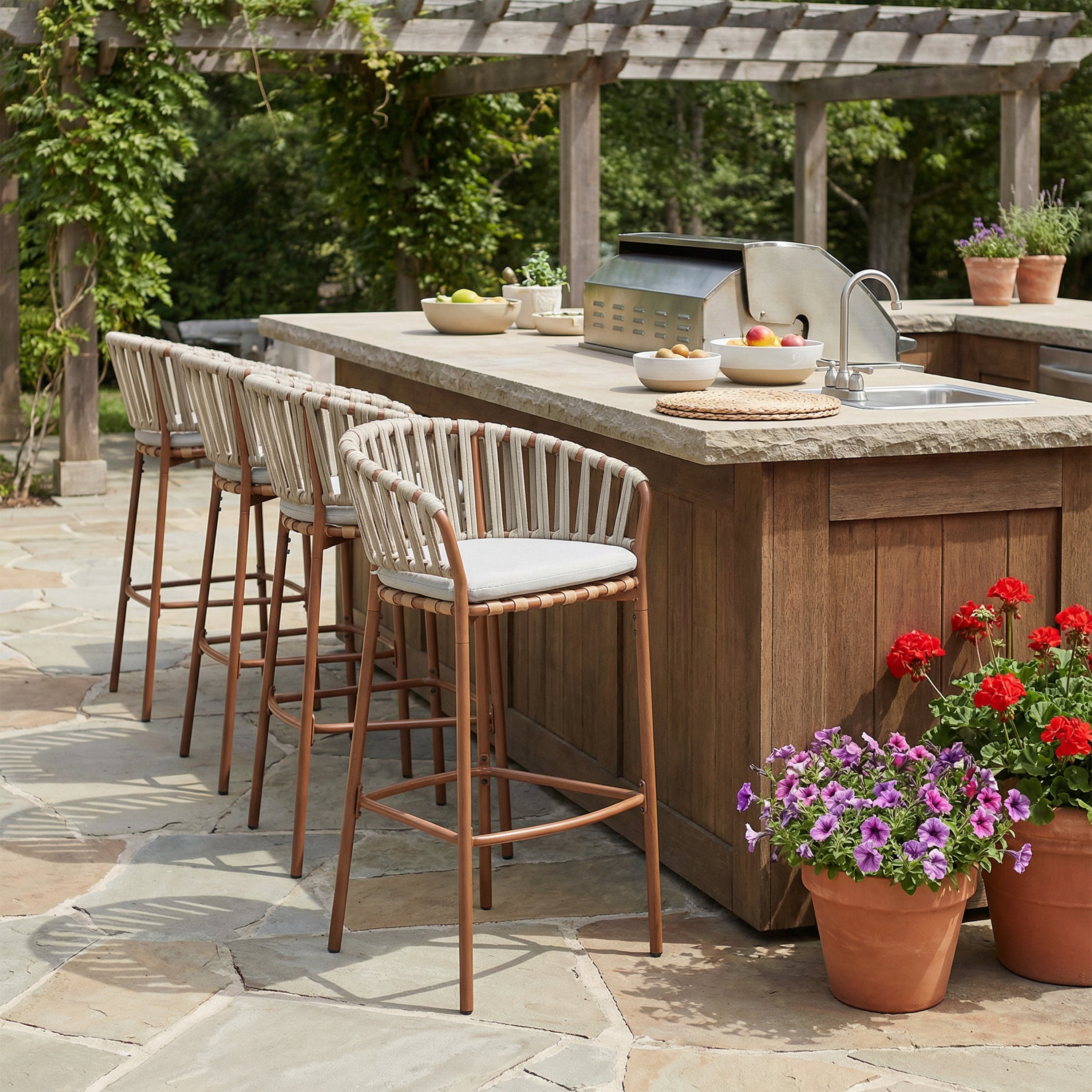 Lodi Outdoor Metal Rope Barstool, Teak Finished Frame and Beige Cushion, Set of 4