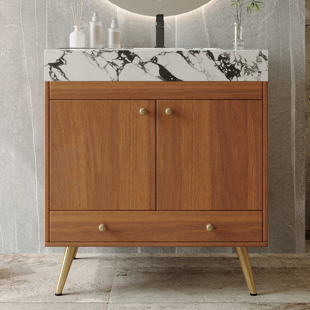 Mid-Century Freestanding Bathroom Vanity with Faux Marble Top