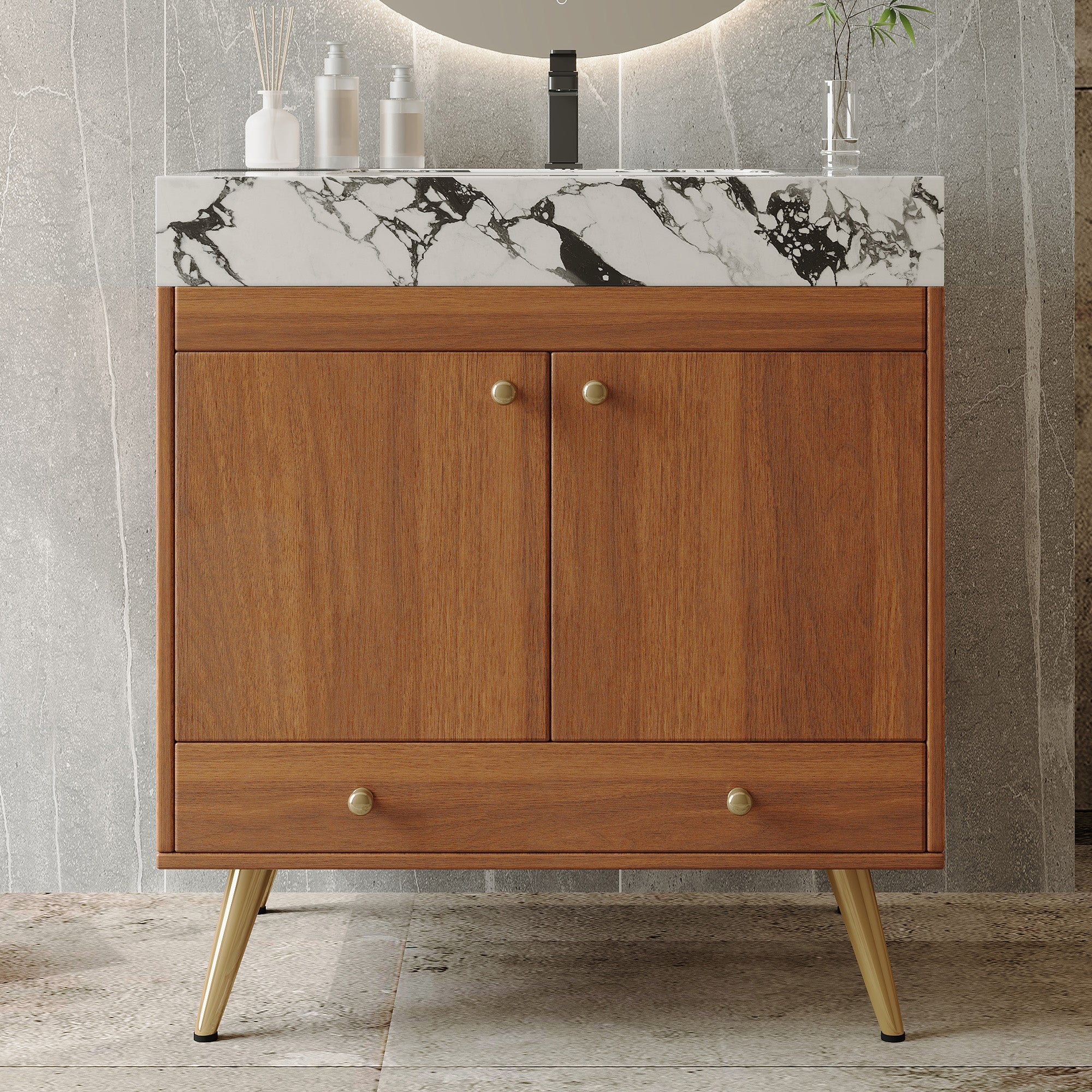 Mid-Century Freestanding Bathroom Vanity with Faux Marble Top