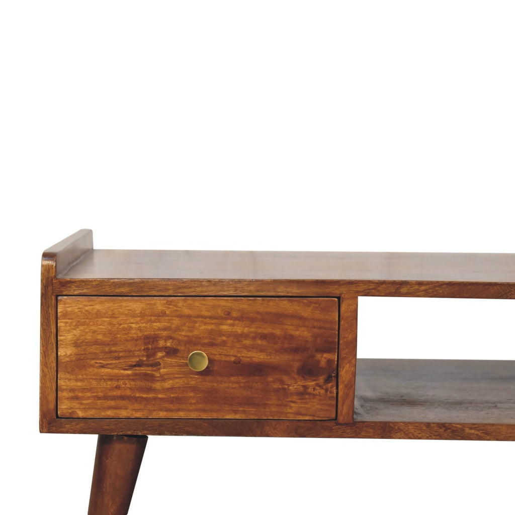 Elevated Chestnut Media Unit, 2-Drawers, 1 Open-Slot, Nordic Legs