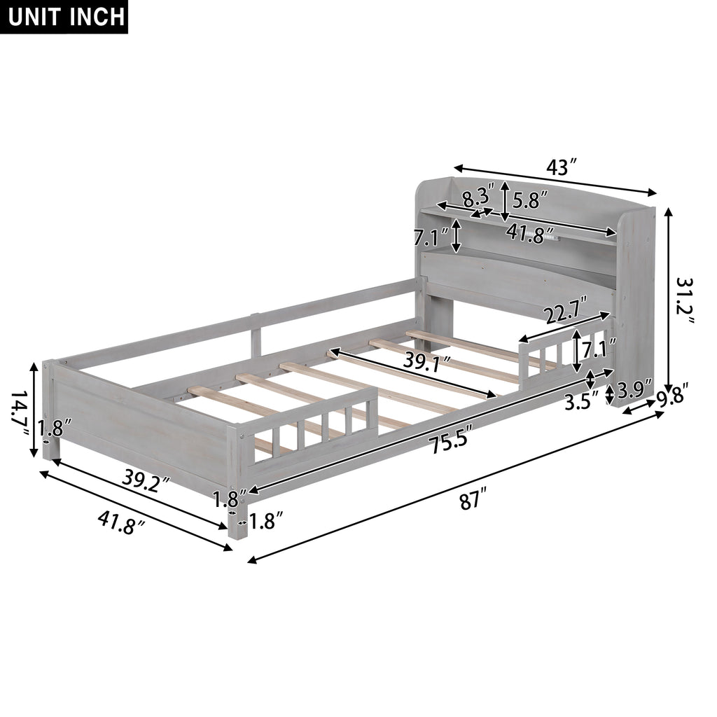 Wood Twin Size Platform Bed with Built-in LED Light, Storage Headboard and Guardrail, Antique