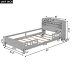 Wood Twin Size Platform Bed with Built-in LED Light, Storage Headboard and Guardrail, Antique