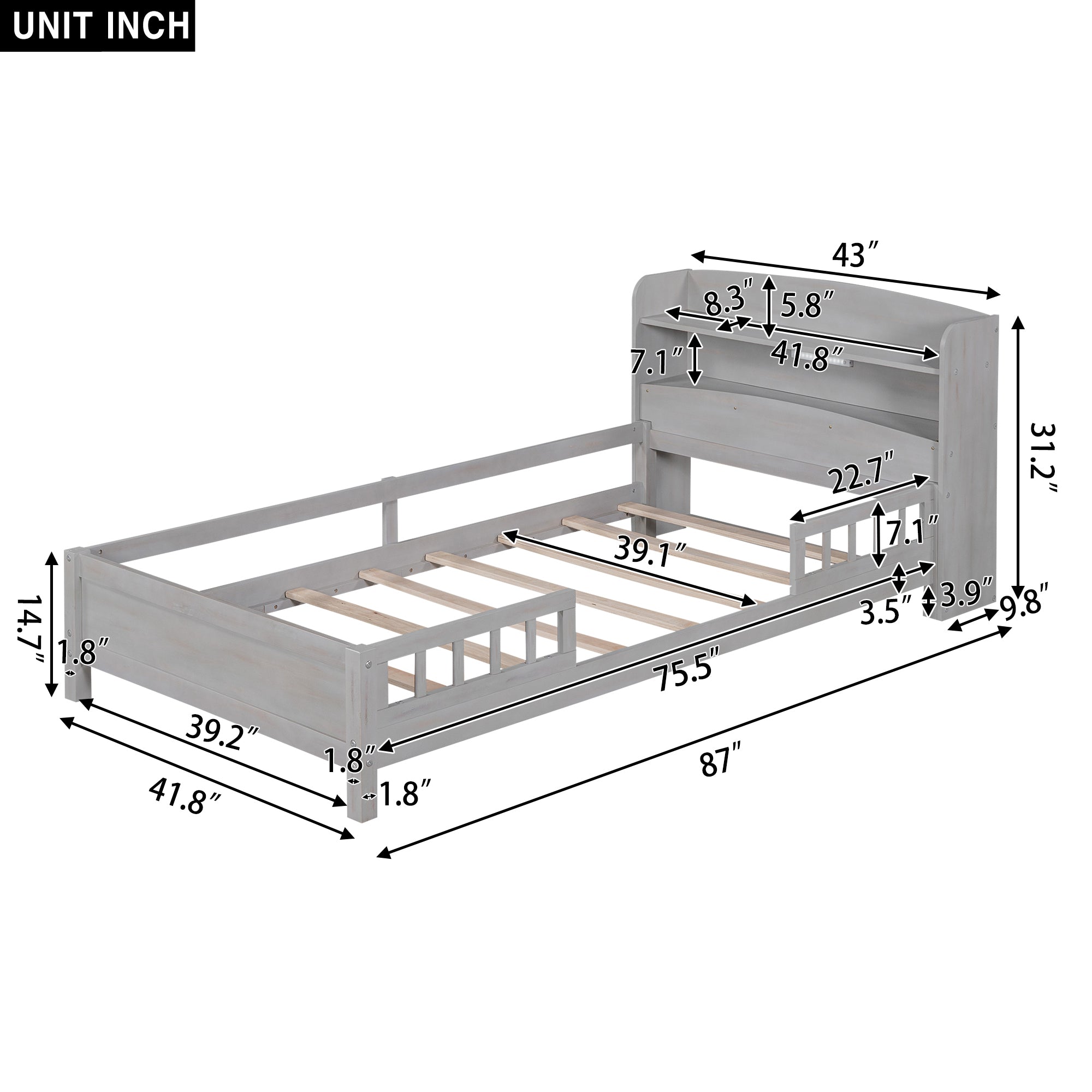 Wood Twin Size Platform Bed with Built-in LED Light, Storage Headboard and Guardrail, Antique