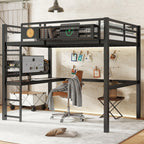 Full Size Loft Bed Frame with Desk and Storage Basket