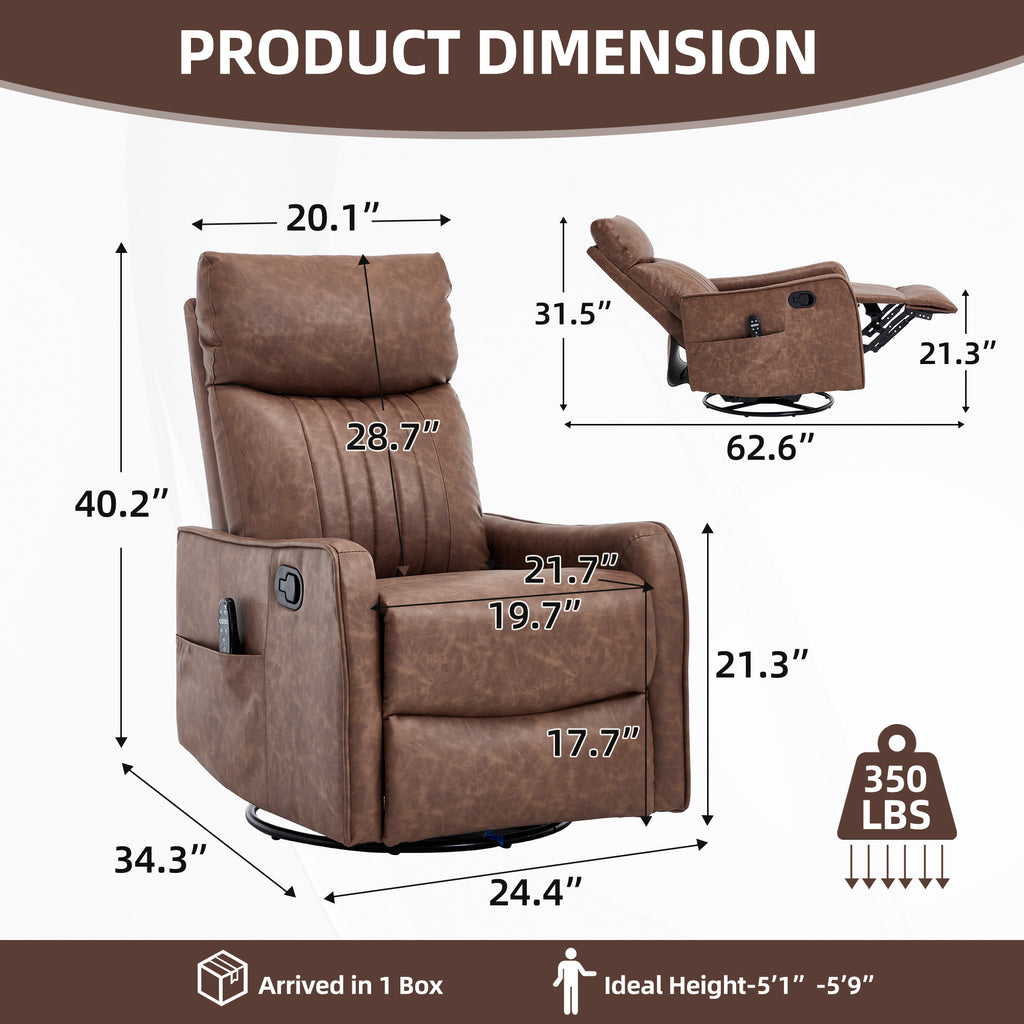 Brown Heat Massage Manual Recliner Chair with Rocker and Swivel