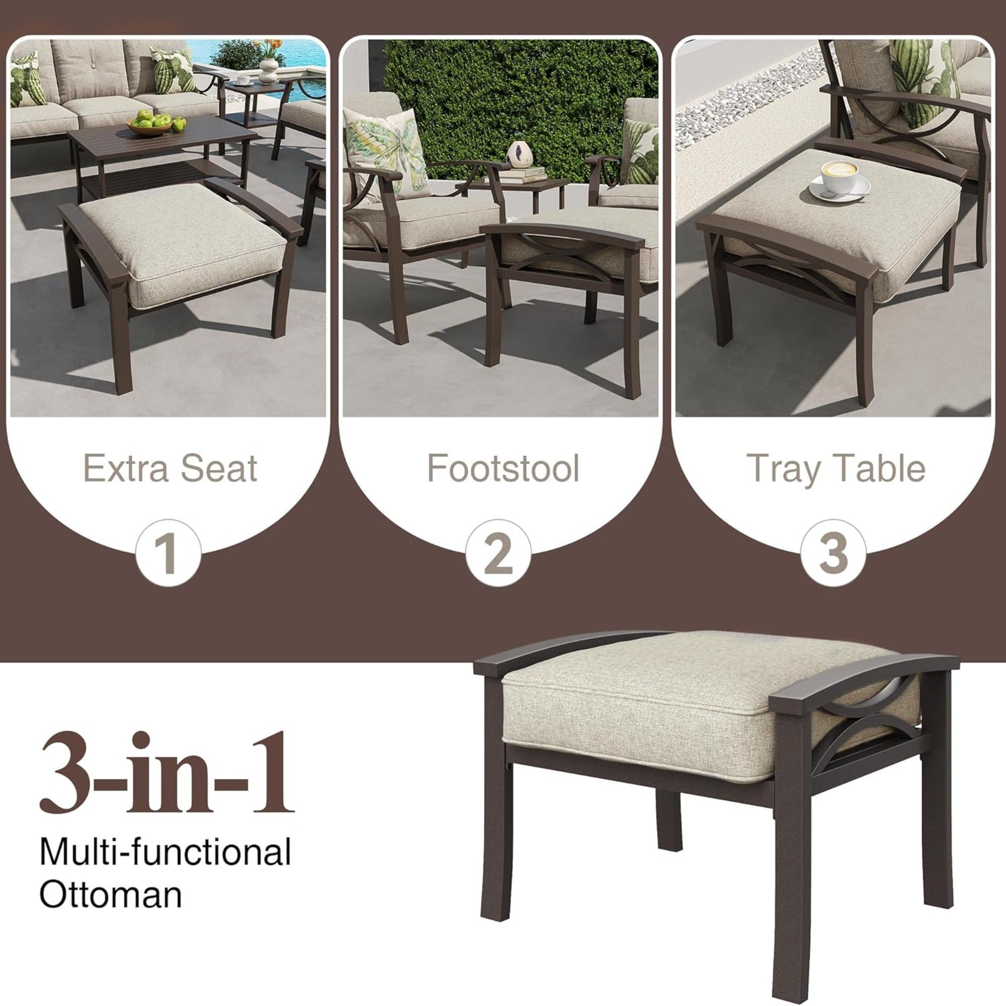 Set of 2 All-Weather 26 Inch Metal Ottomans - Khaki Frame