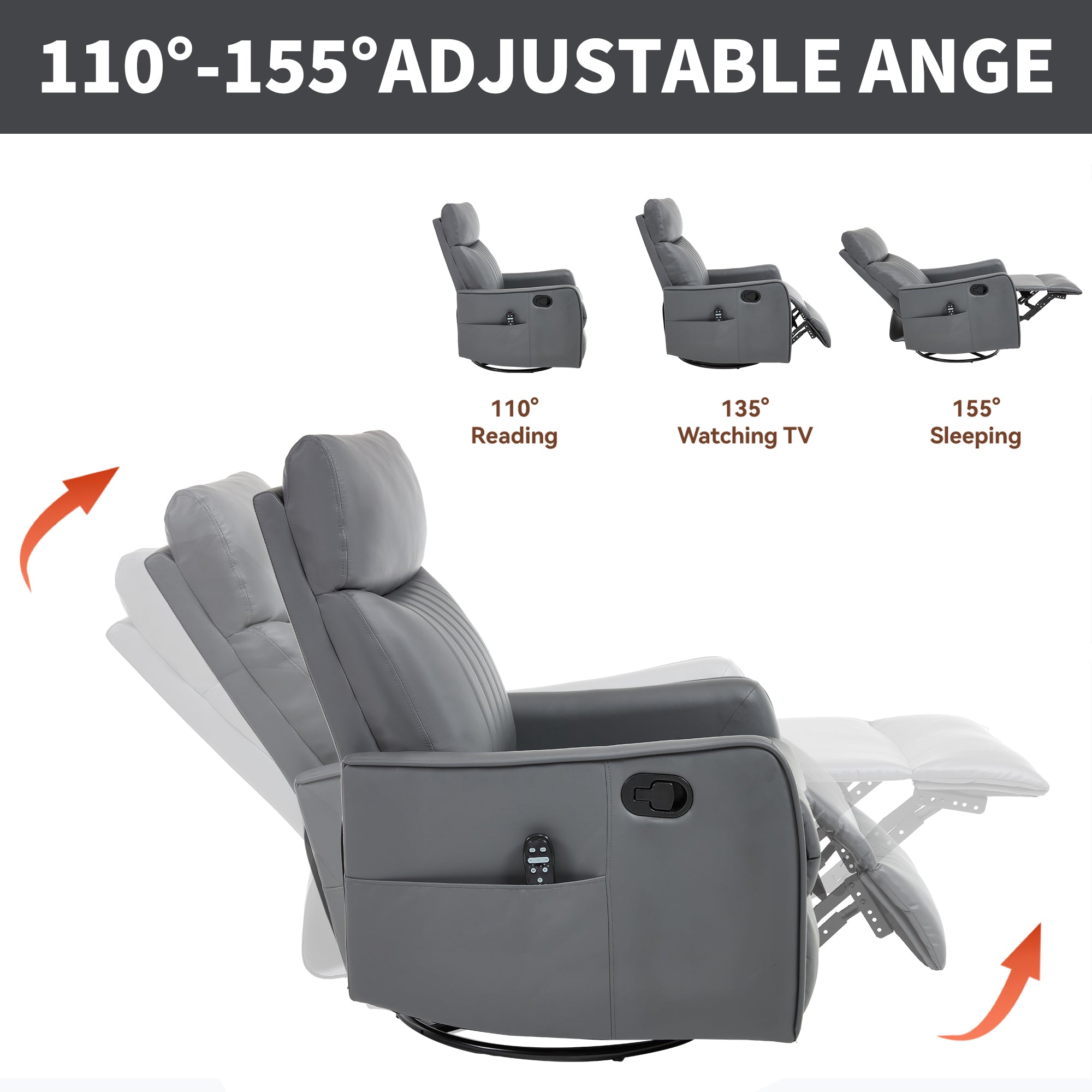 Grey Faux Leather Heat Massage Manual Recliner Chair