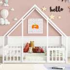 Full Wood House-Shaped Floor Bed with Fence, Guardrails