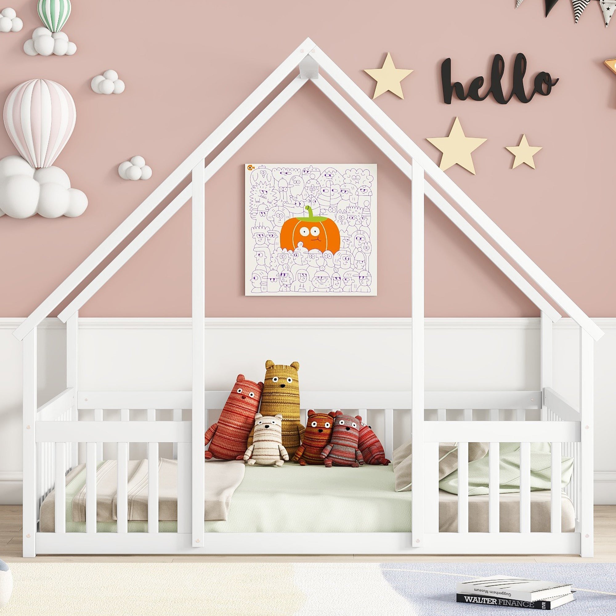 Full Wood House-Shaped Floor Bed with Fence, Guardrails