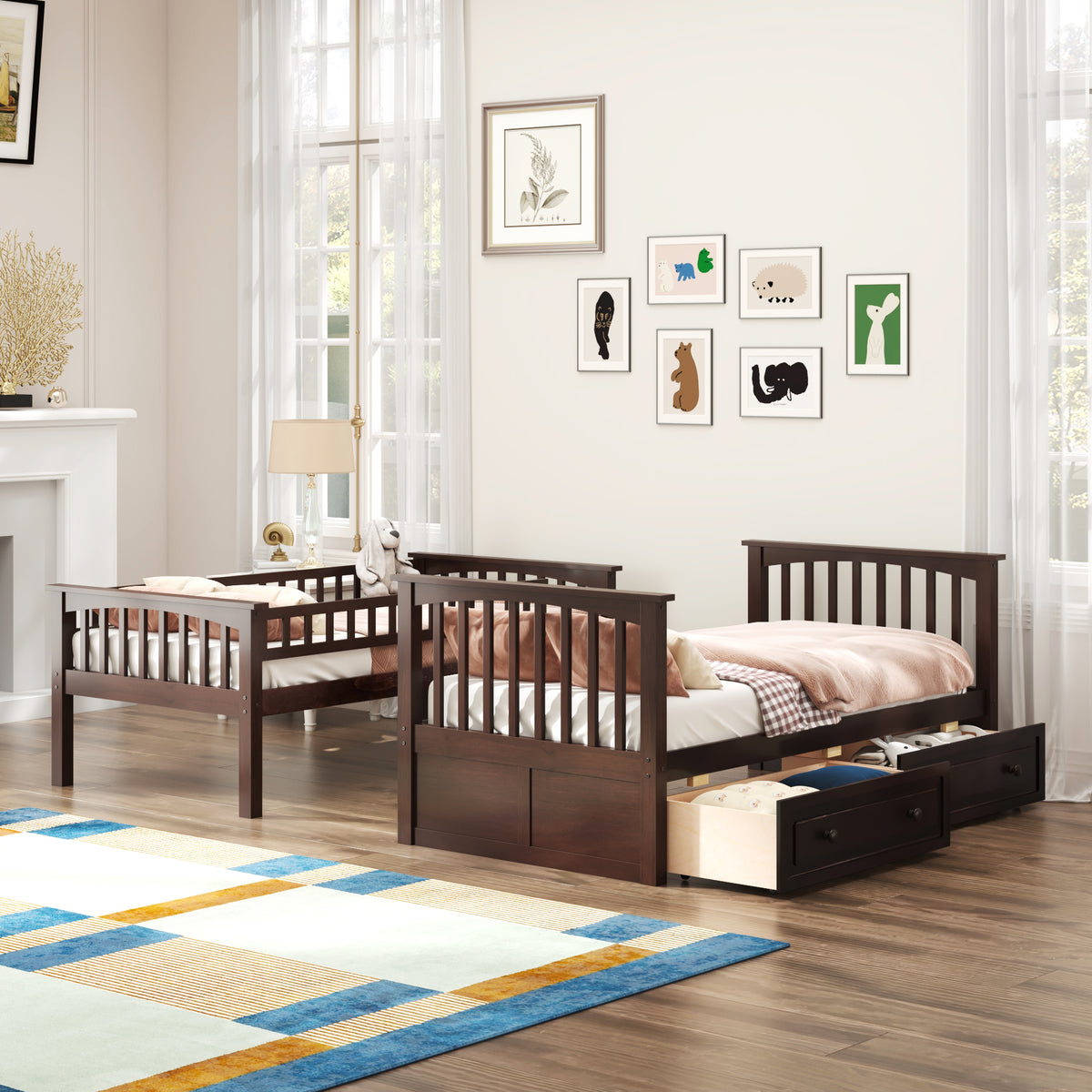 Twin Over Twin Bunk Bed with Drawers, Convertible Beds