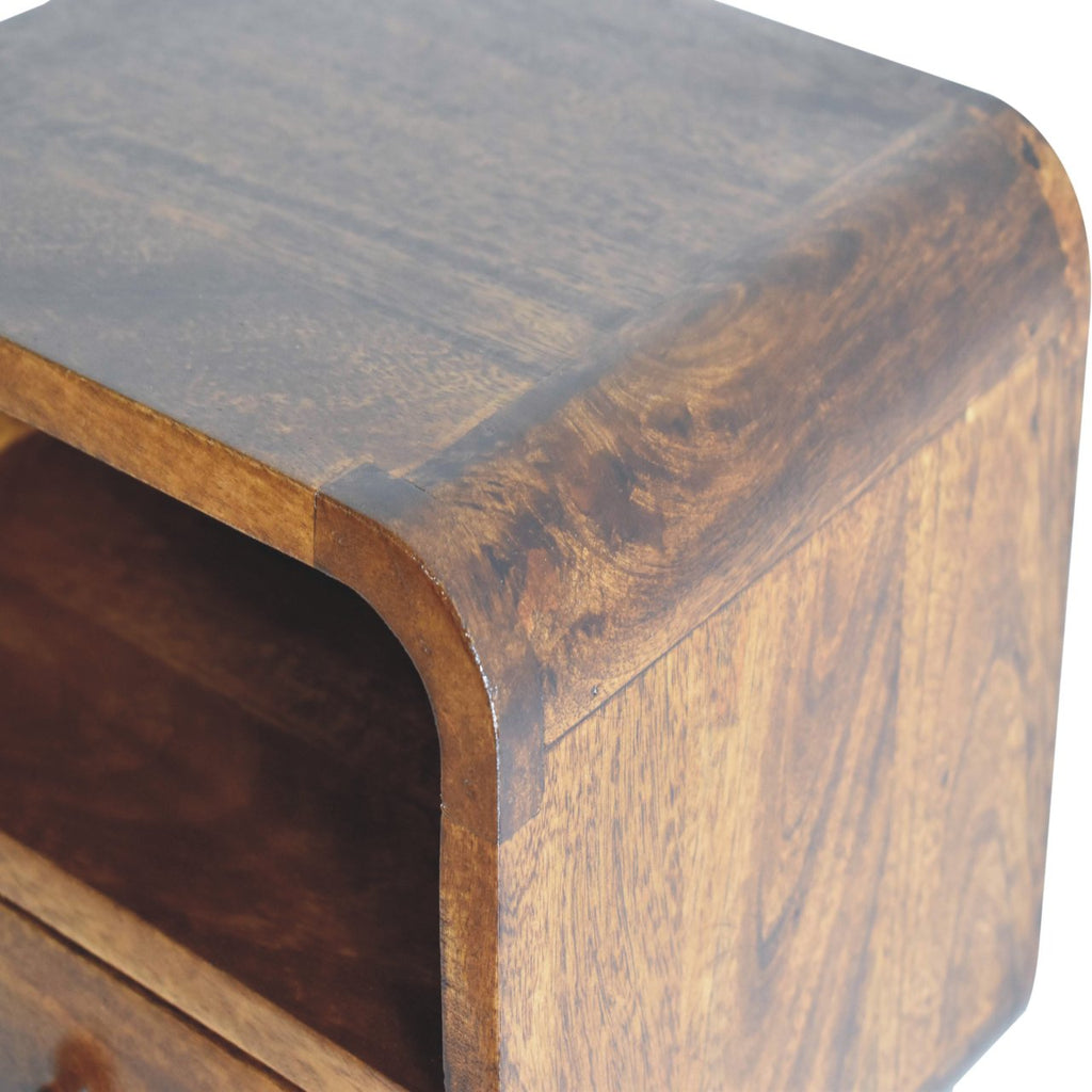 Extra Mini Wall-Mounted Curved Chestnut Nightstand, Open Slot, 1-Drawer
