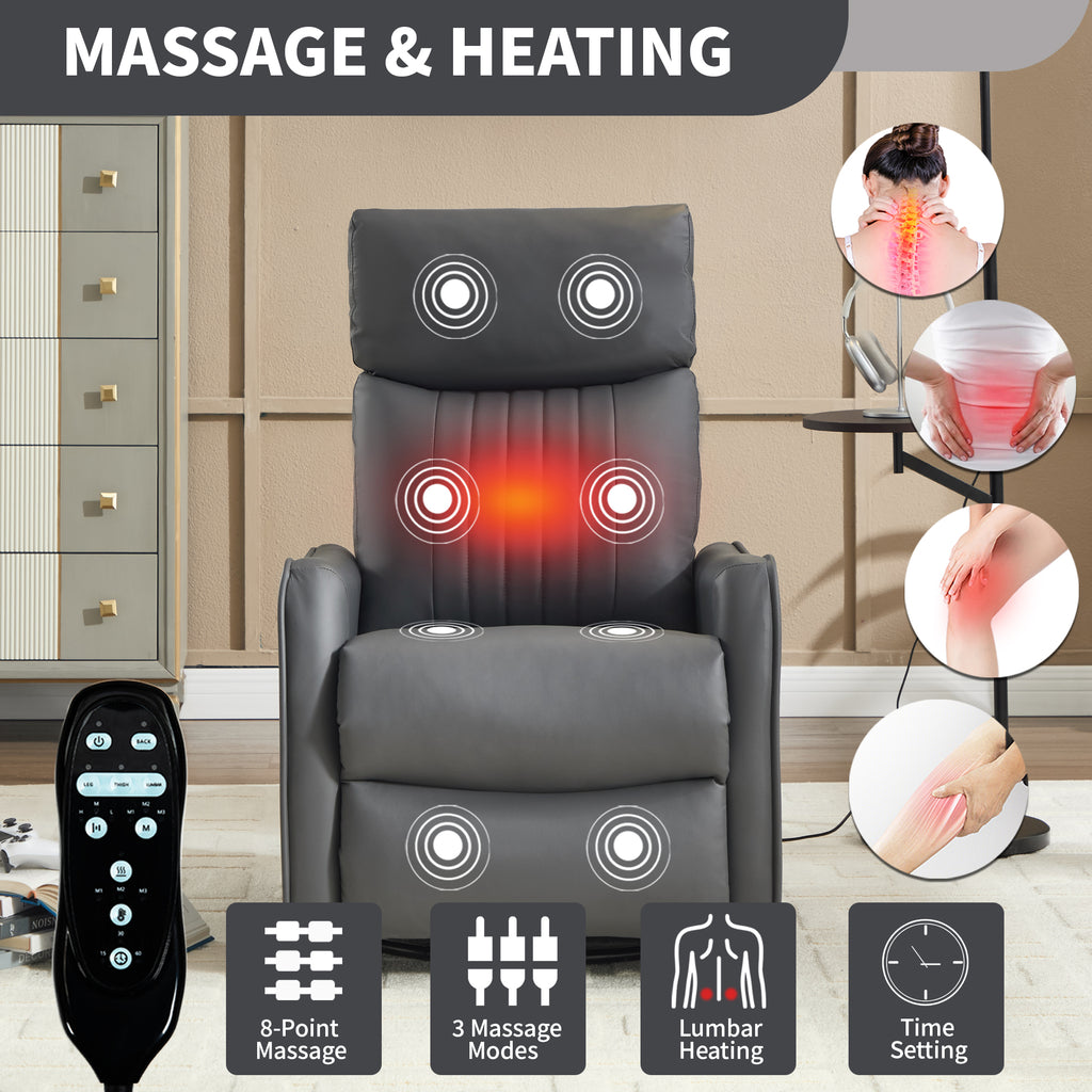 Grey Faux Leather Heat Massage Manual Recliner Chair