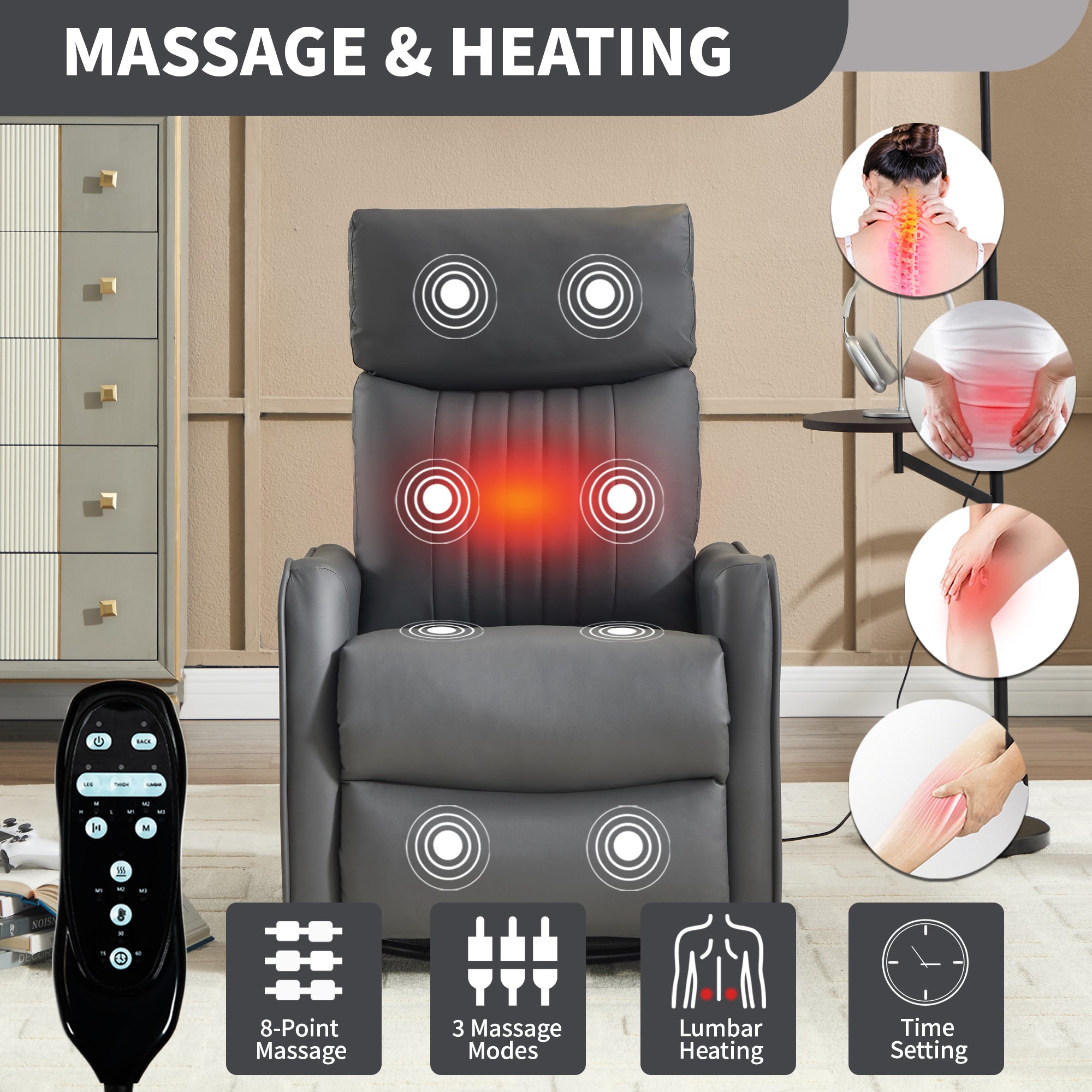 Grey Faux Leather Heat Massage Manual Recliner Chair