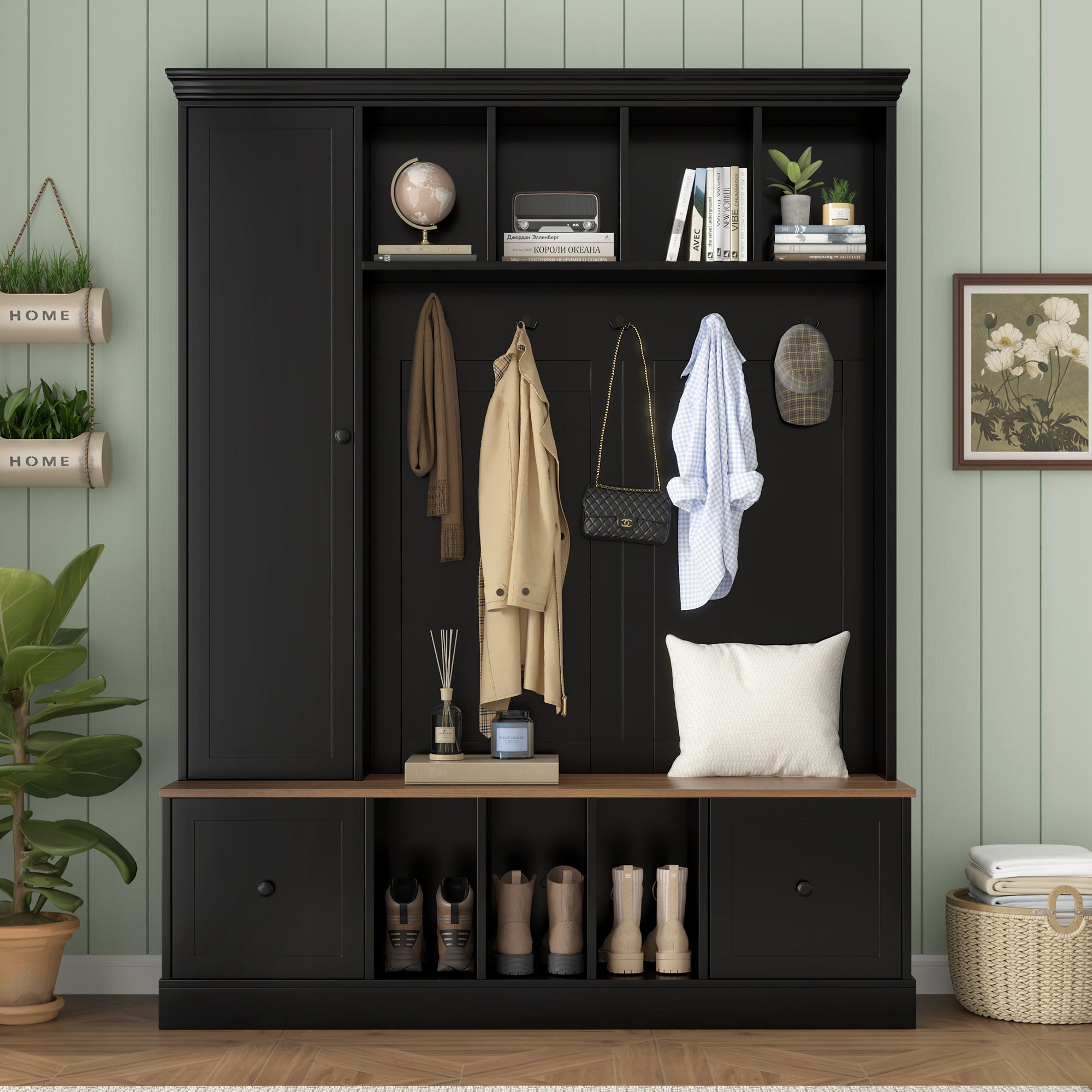 Vibe Haus 62.2''W Farmhouse Hall Tree with Shoe Storage Bench