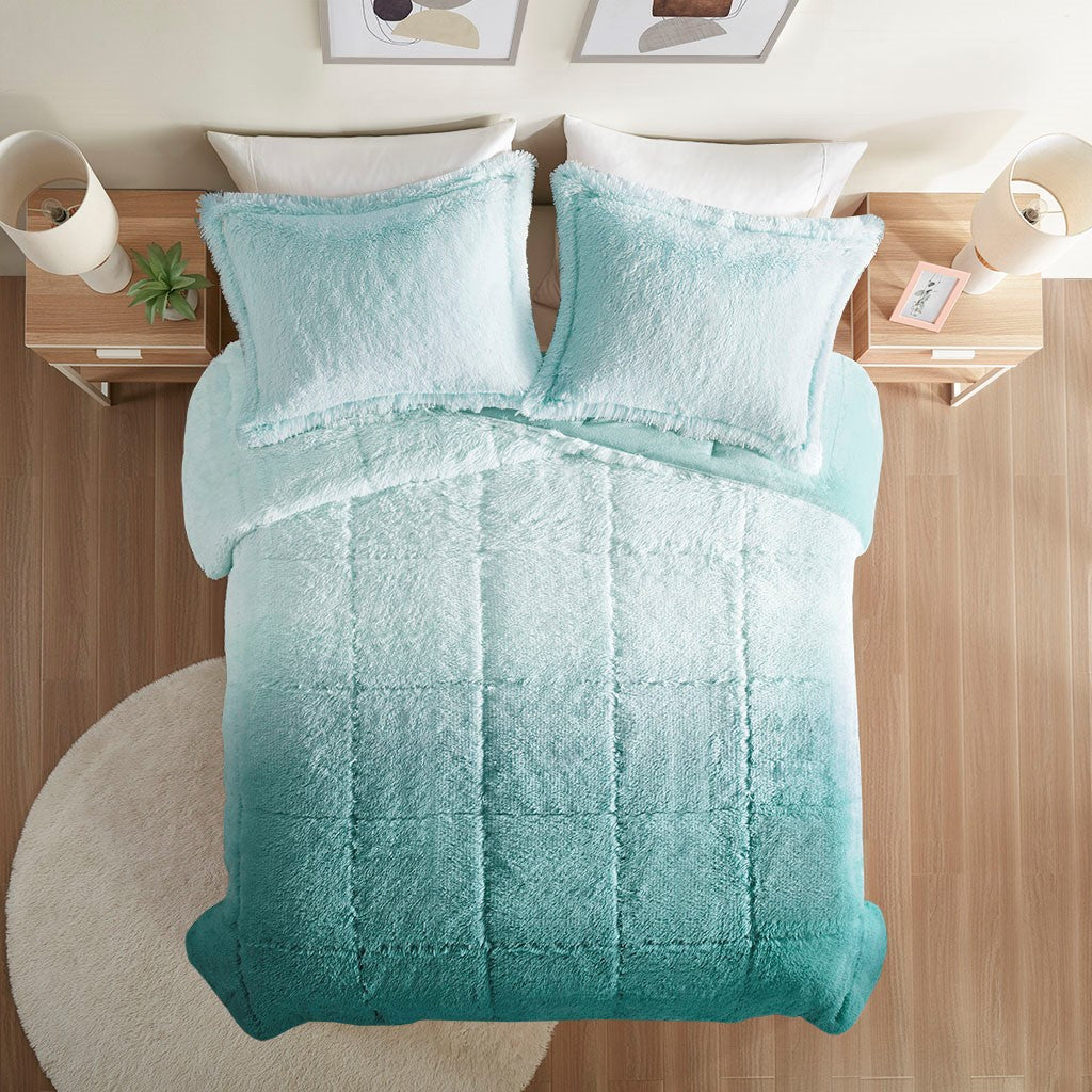 King/Cal King Ombre Shaggy Long Fur Comforter Mini Set