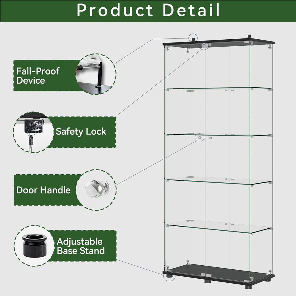 Glass Display Cabinet with 5-Shelf Double Doors and Lock