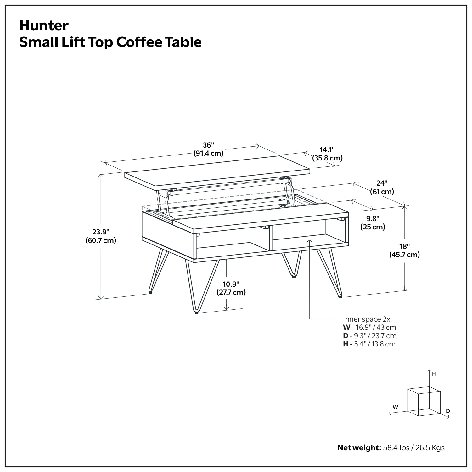 Hunter 36 Inch Wide Solid Wood Small Lift Top Coffee Table