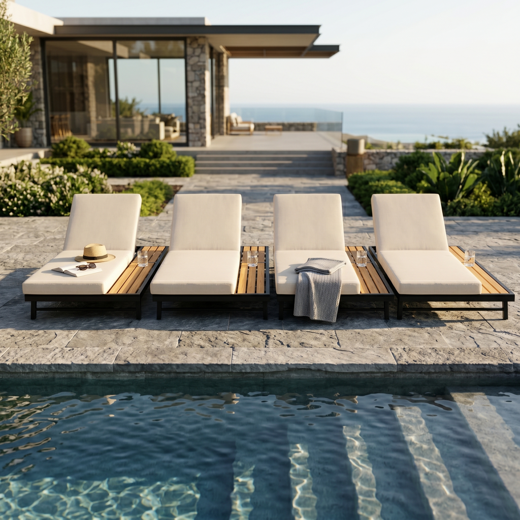 Black Iron + Teak Finish Chaise Lounge Set