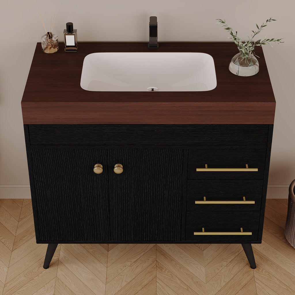 36" Freestanding Bathroom Vanity with Ceramic Sink and Faux Marble Top
