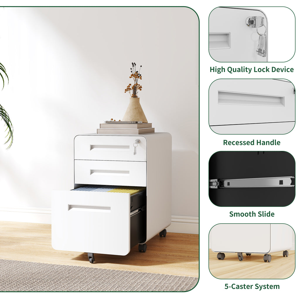 3-Drawer Wide Mobile File Cabinet with Lock