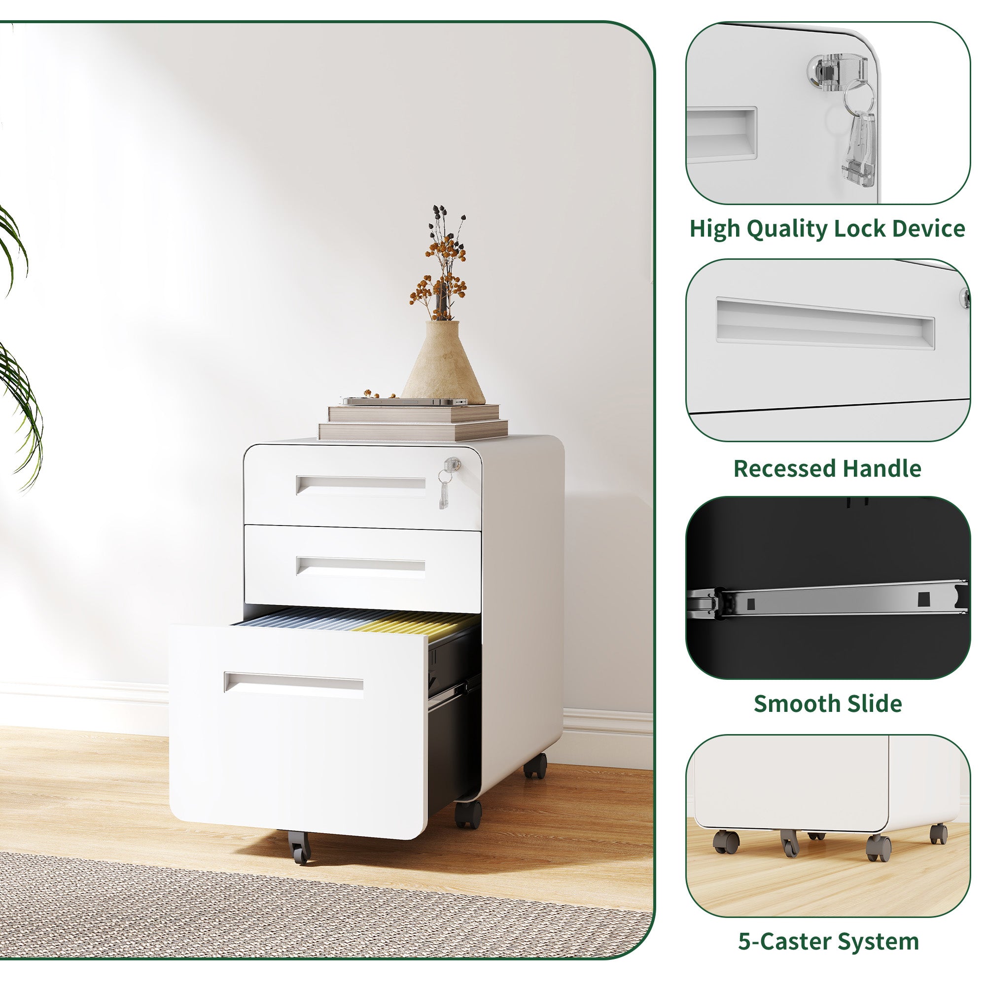3-Drawer Wide Mobile File Cabinet with Lock