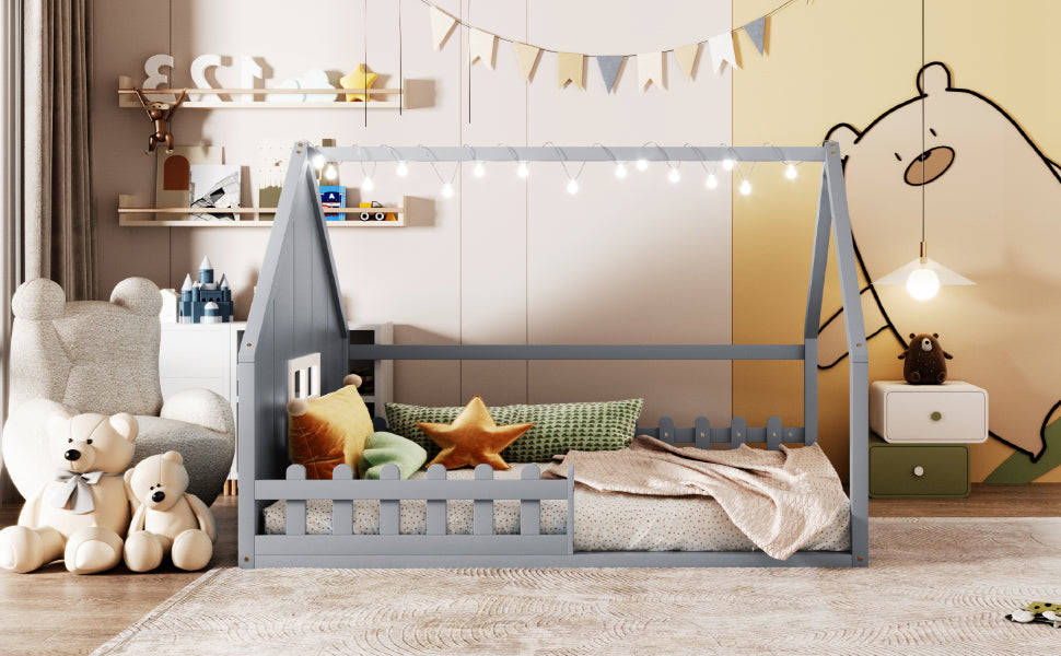 Full Size Wood House Bed with Window and Fence