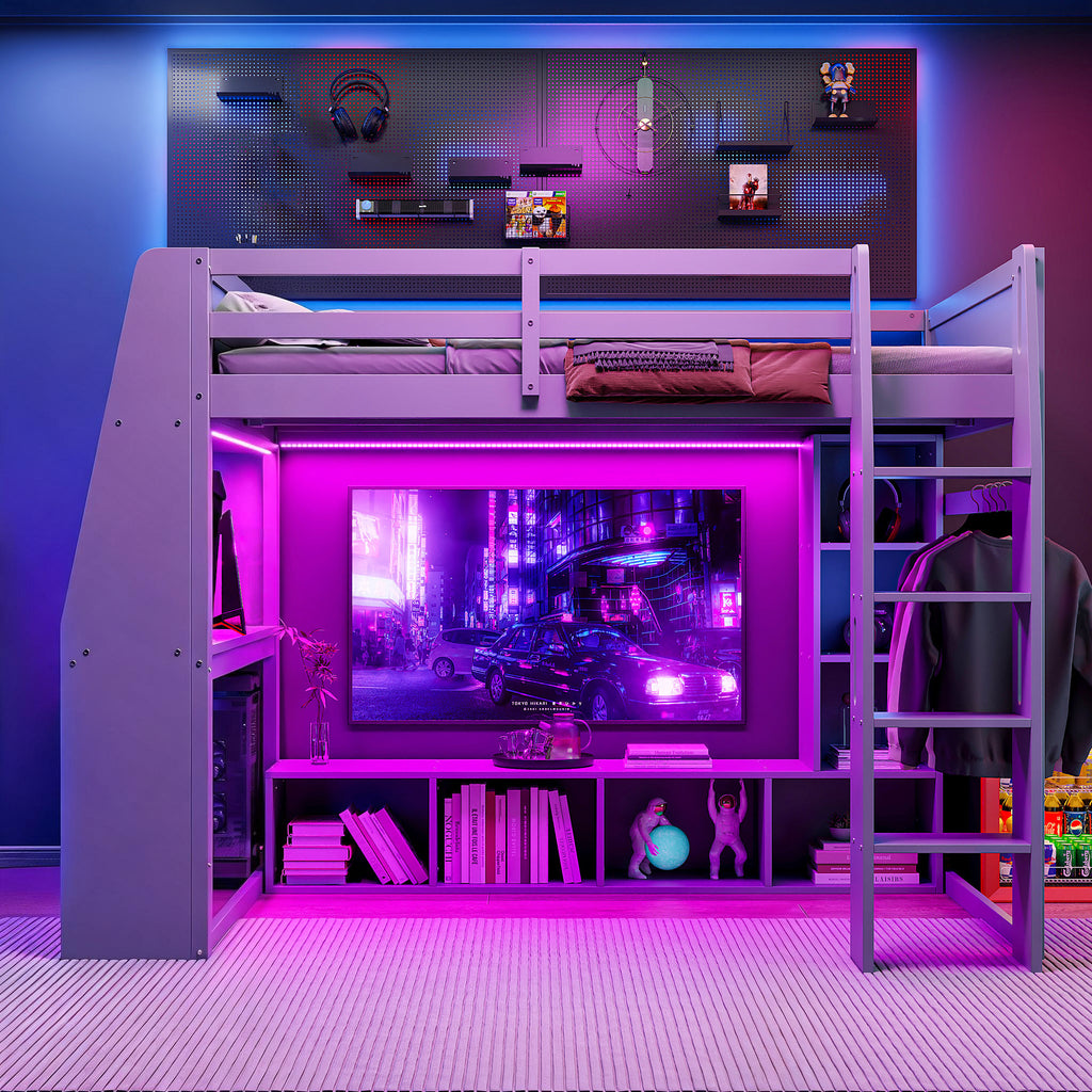 Wood Full Size Gaming Loft Bed with Desk and Multi-Storage Shelves