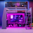 Wood Full Size Gaming Loft Bed with Desk and Multi-Storage Shelves
