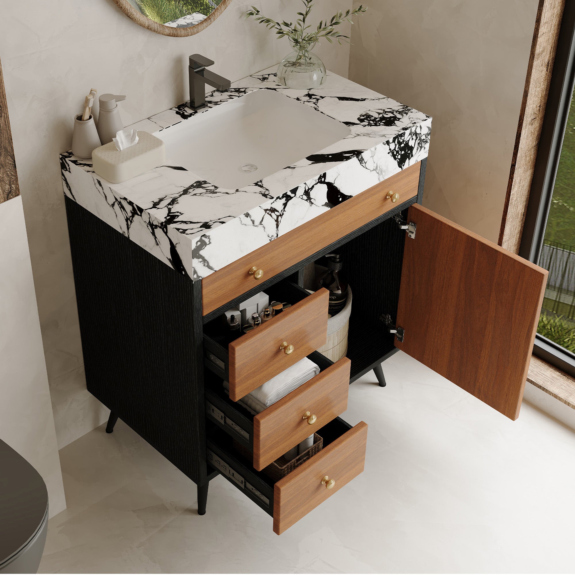 Modern Free-Standing Bathroom Vanity with Ceramic Sink & Sintered Stone Top