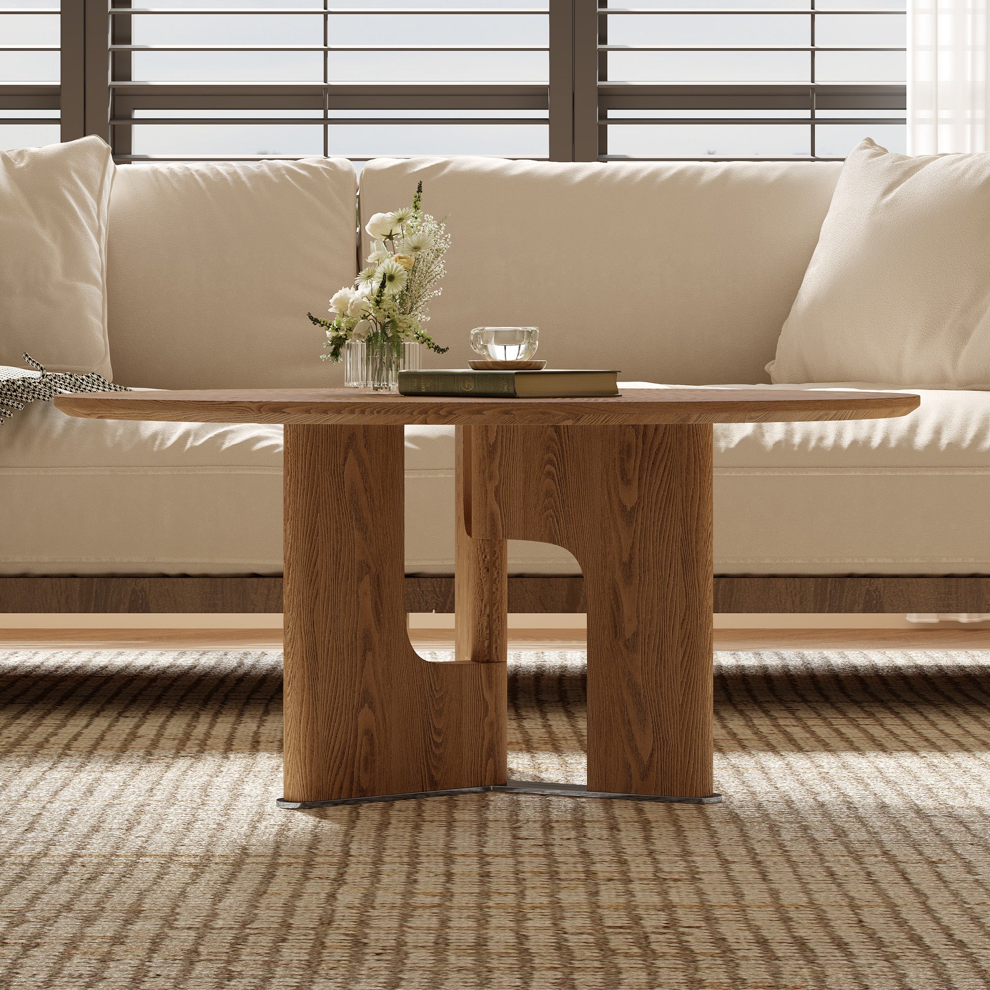 31.5 Inches Round Rustic Ash Wood Veneer Coffee Table