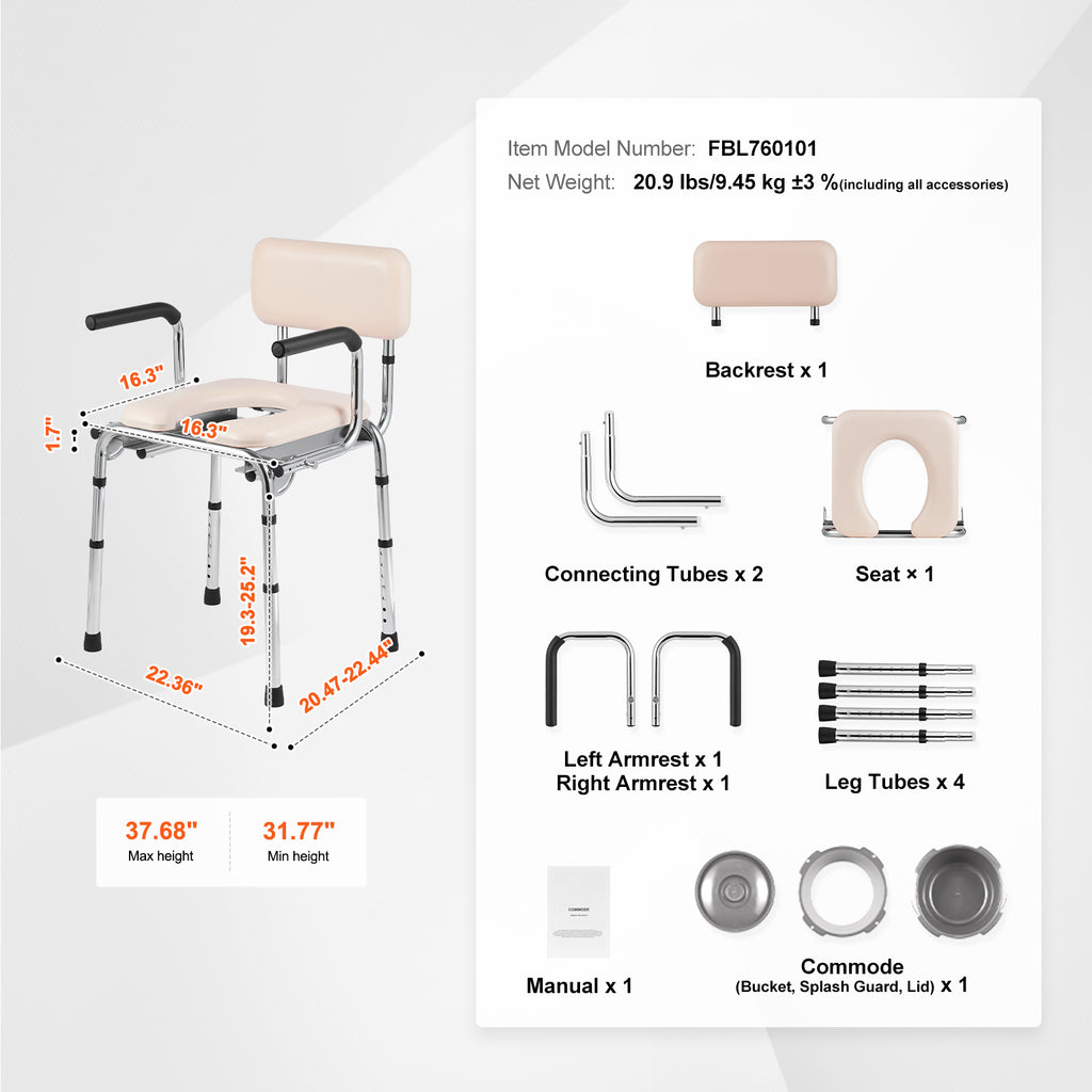 Commode Chair, Bedside Commode with Padded Seat