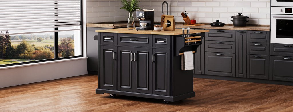 K&K 54-Inch Large Kitchen Island with Rubber Wood Drop Leaf
