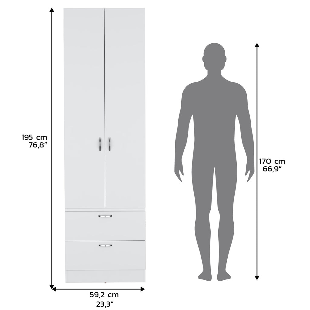 Armoire Wardrobe 76" H, Hanging Rod, 2 Drawers, 1 Shelf