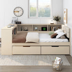 Wood Full Size Platform Bed with Storage Shelves, Drawers, Charging Station and Upholstered Headboard