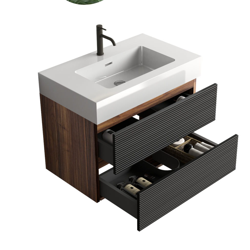 Grace 30-Inch Wall-Mount Bathroom Vanity, Glossy White Solid Surface Sink, Black Drawers