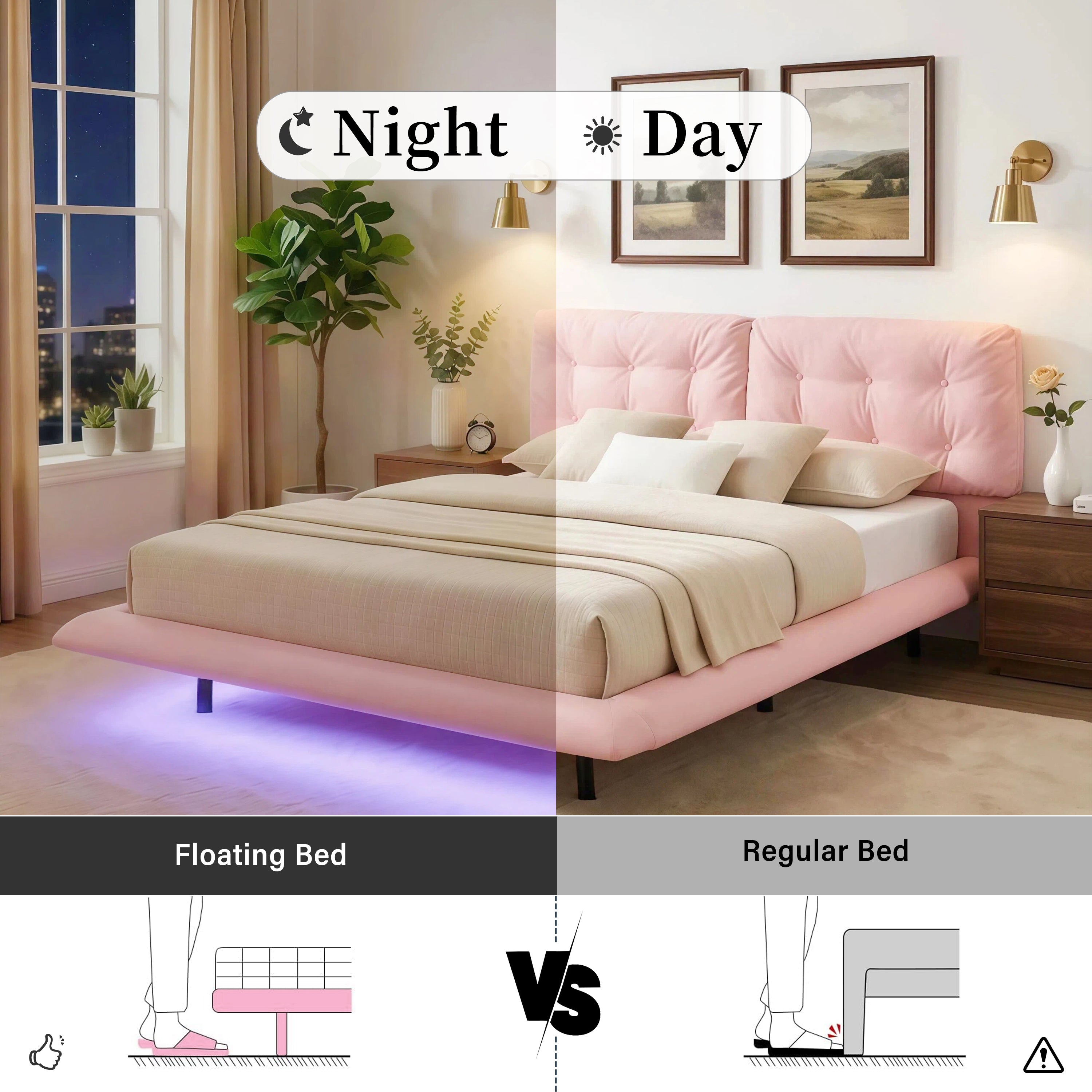 Queen Size Upholstered Floating Bed Frame with LED Lights