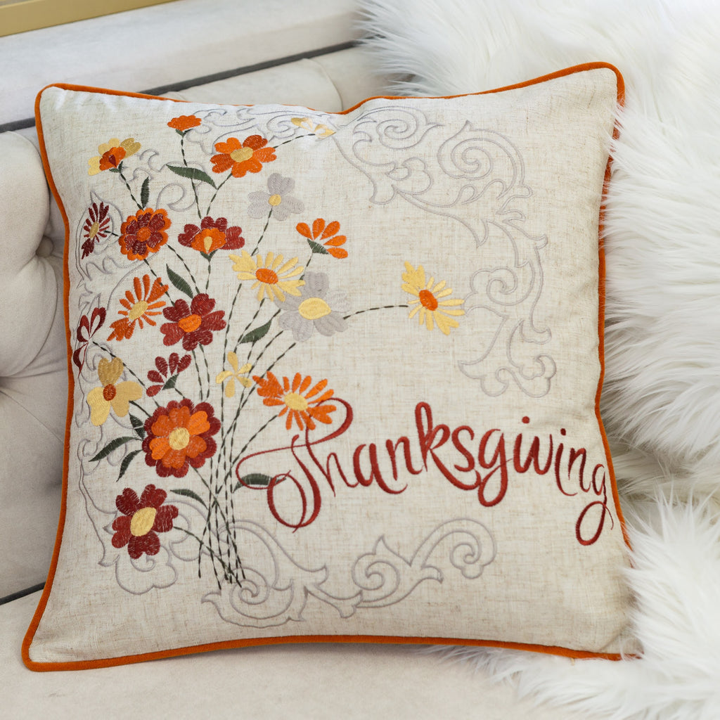 Thanksgiving Embroidered Floral Throw Pillow – Autumn Harvest Accent Cushion Set