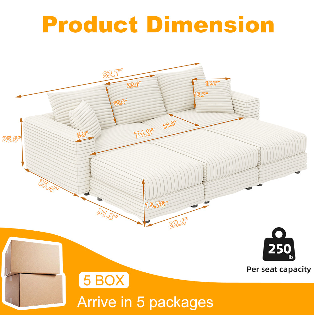 82.7" Plush Corduroy 3-Seat Sofa