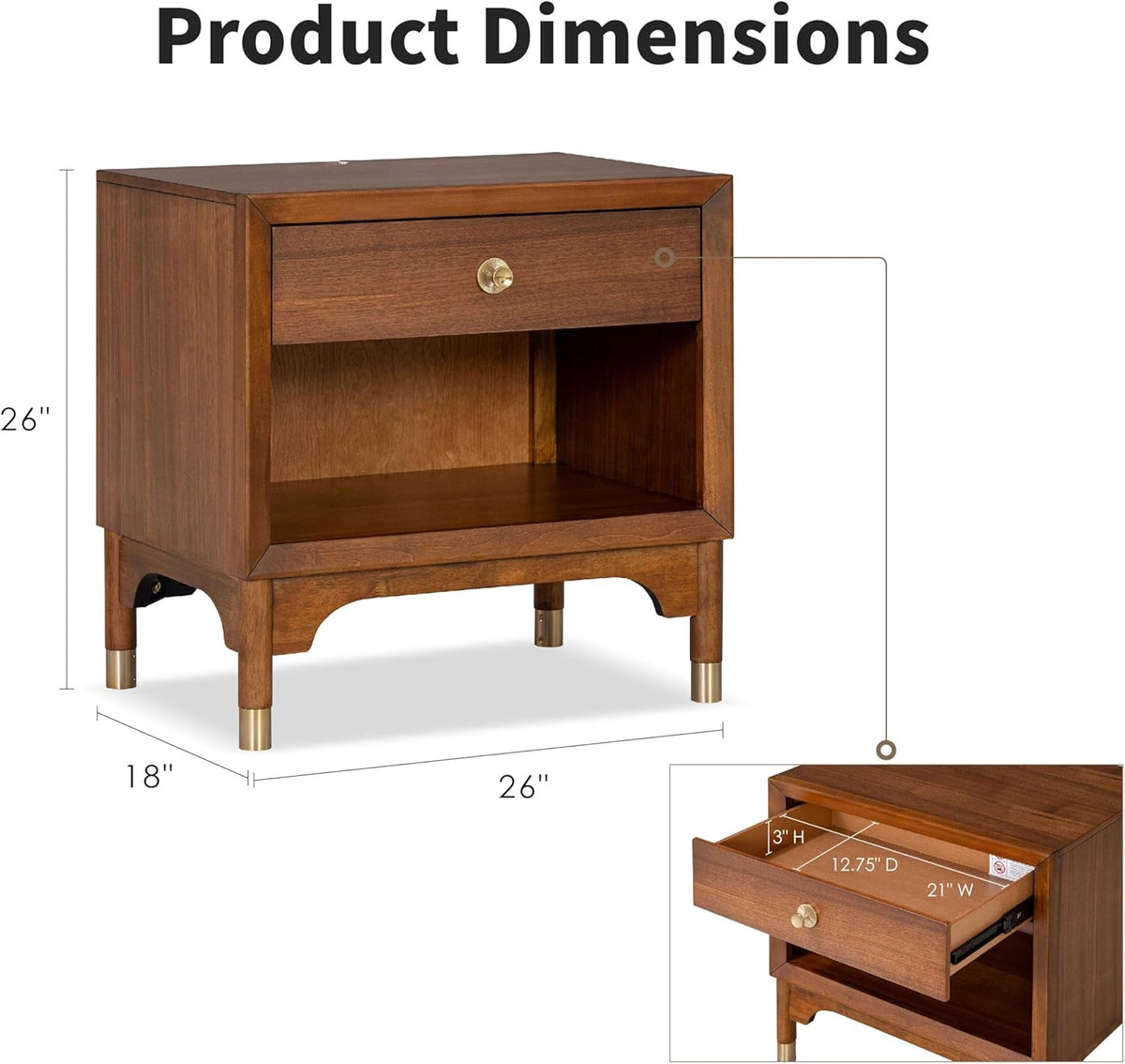 Mid Century Modern Style 1pc Nightstand English Dovetail Drawer USB Port